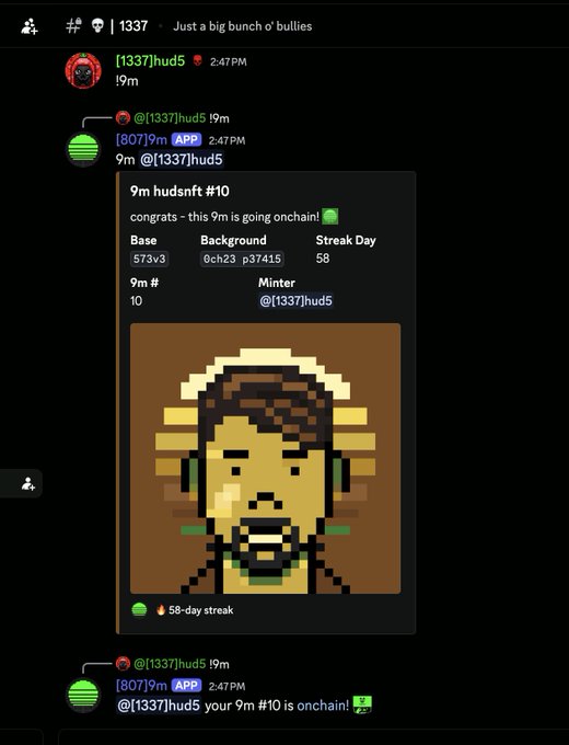 A Discord chat shows a user named '[1337]hud5' celebrating a 58-day streak on 'hudsnft #10' with a congratulations message and a pixel art image of a character with headphones.