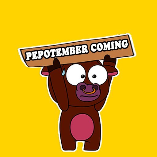 A cartoon brown bull character with a sweat drop and worried expression holds up a sign reading "PEPOTEMBER COMING" against a yellow background, visually promoting the $PEPO token hype mentioned in the bullish crypto post.