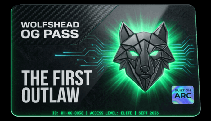 A promotional graphic for the "Wolfshead OG Pass" NFT, featuring a geometric wolf head with glowing green eyes against a circuit-board background. The card is labeled "The First Outlaw," built on Arc (Robinhood Chain), with ID WW-OG-0038, access level Elite, and dated September 2026—visually representing the early-access whitelist allocation mentioned in the post.