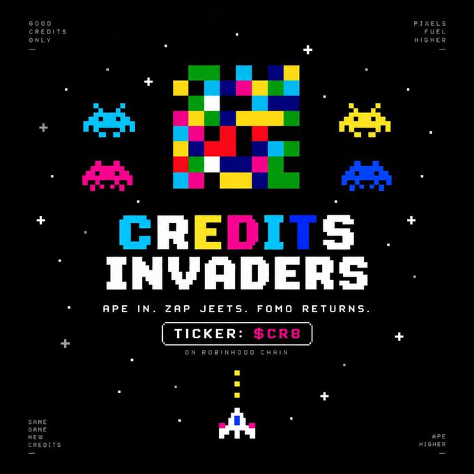 Retro pixel-art space invader themed graphic for 'CREDITS INVADERS' with ticker '$CRB' on Robinhood Chain, featuring colorful 8-bit style graphics on black.