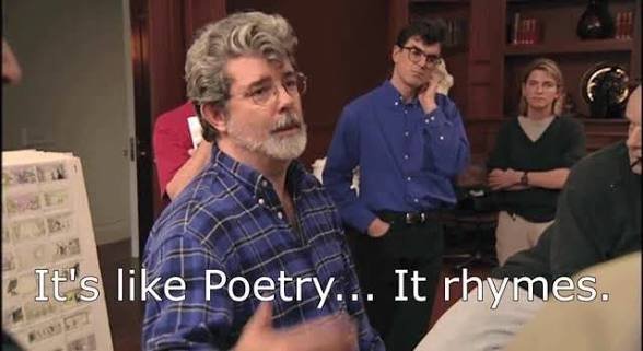 Screenshot from the TV show The Simpsons showing Professor Kingsfield (in blue plaid shirt) with the subtitle 'It's like Poetry... It rhymes.'