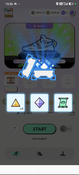 A mobile game interface featuring a chest box opening with blue light beams, showing in-game items and a green START button.