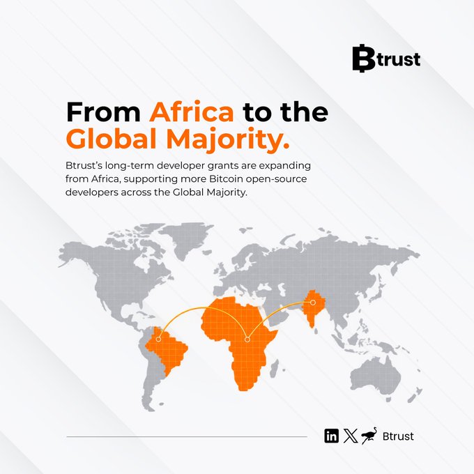 A Btrust promotional graphic titled 'From Africa to the Global Majority' featuring an orange world map highlighting Africa, South America, and parts of Asia with connection lines.