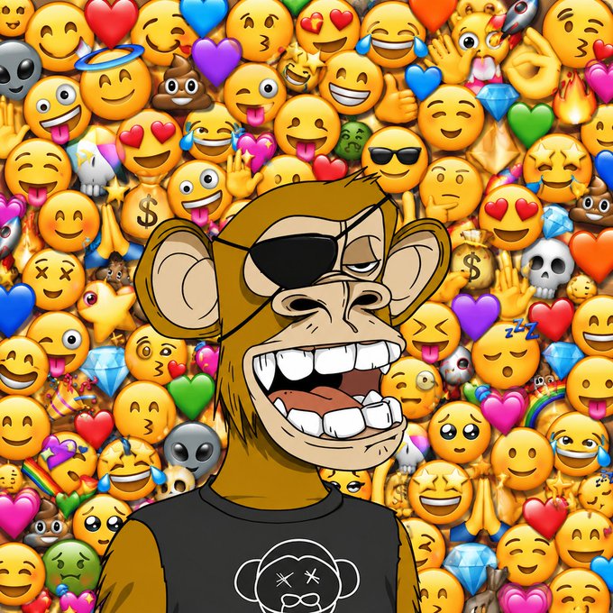 An NFT-style digital artwork of a cartoon monkey with an eyepatch and bared teeth, wearing a black shirt with a KAWS-style logo, set against a colorful background filled with various emoji including hearts, smileys, stars, and diamonds.