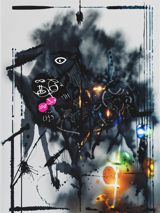 An abstract, dark-toned artwork featuring chaotic brushstrokes, drips, and glowing light elements in blue, orange, and green.