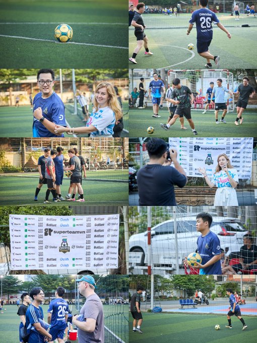 A photo collage from a soccer event featuring players in blue jerseys (including one with the number 26), an MC in a white skirt, and a backdrop with 'suporteamvn' and 'Stellar' logos.