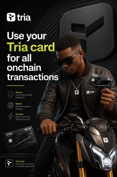 The image features an advertisement for a credit card company, with a man sitting on a motorcycle holding two cards - one of which appears to be a Mastercard. The text on the poster reads "Use your Tria Card for all onchain transactions".