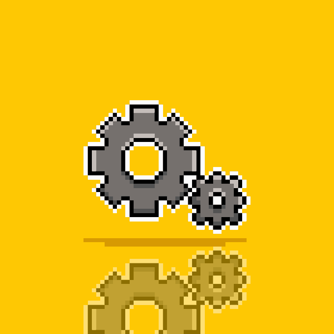 Pixel art illustration of two interlocking gray gears above their reflection, set against a solid yellow background.