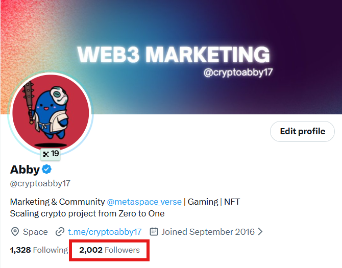 A Twitter profile for 'Abby' (@cryptoababby17) with the display name 'WEB3 MARKETING', highlighting 2,002 followers, with bio reading 'Marketing & Community @metaspace_verse | Gaming | NFT Scaling crypto project from Zero to One'.