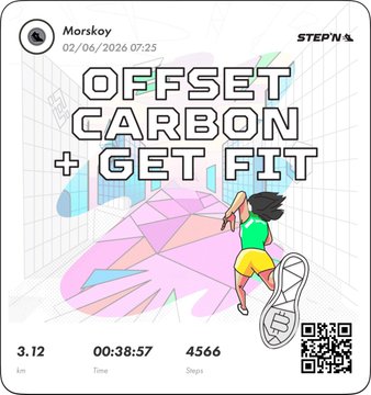 The image features a poster for an app called "Offset Carbon + Get Fit", which encourages users to exercise by tracking their steps taken throughout the day. The poster includes a cartoon illustration of a person running, with the text "Offset Carbon + Get Fit" displayed above and below it. Below the illustration is a list of the number of steps taken during the day, along with the time spent exercising at 3:12 PM.