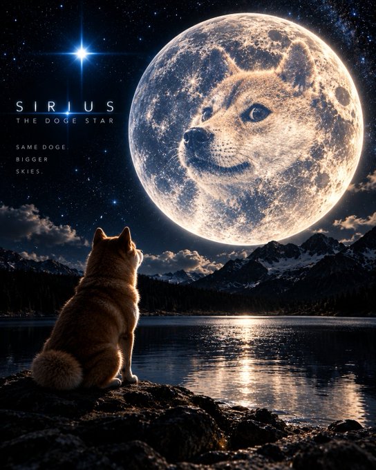 A movie poster titled 'SIRIUS THE DOGE STAR' with the tagline 'SAME DOGE. BIGGER SKIES.' showing a Shiba Inu dog silhouetted against a giant moon shaped like a Doge face, with another Doge sitting on a rock looking up at it.