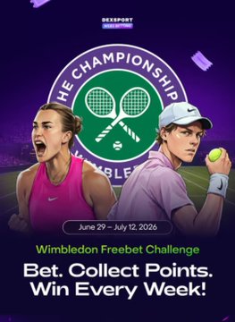 Promotional poster for a Dexsport HE Championship Wimbledon Freebet Challenge running June 29 – July 12, 2026, with the tagline 'Bet. Collect Points. Win Every Week!' featuring two tennis players.