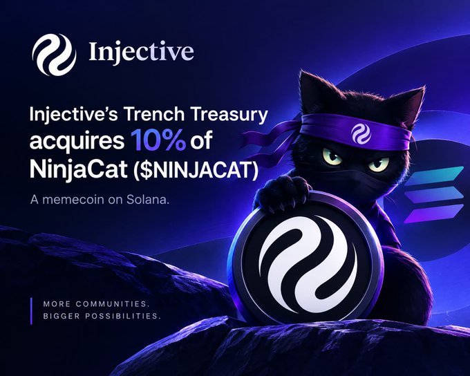 An Injective promotional graphic features a black cat wearing a purple headband and holding a circular logo, with text announcing: 'Injective's Trench Treasury acquires 10% of NinjaCat ($NINJACAT) - A memecoin on Solana.'