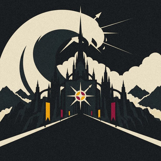 A stylized illustration depicts a dramatic dark castle with spires set against a swirling crescent moon and radiating starburst, approached by a long road lined with red and yellow banners. The scene evokes the "Microstrategy of Robinhood Tuesday" theme, presenting the trading platform as a formidable, almost mythical fortress traders must navigate.