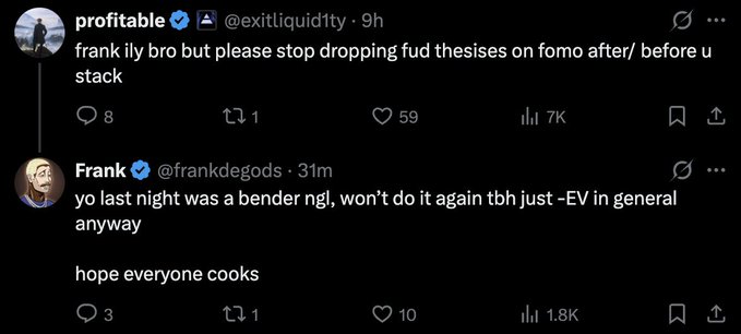 The image displays a Twitter exchange where user @exitliqudity_ advises Frank (@frankdegods) to stop posting "fud theses" on FOMO before stacking, and Frank replies apologizing for posting "while bender" last night and says he "won't do it again tbh." This aligns with the post "they smoking dick on solana," as the casual, slang-heavy banter between crypto traders illustrates the chaotic, meme-driven culture on Solana trading platforms.