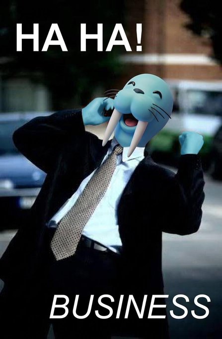 A man in a business suit poses with his fists raised in a triumphant gesture, his face replaced with the cartoonish "Crying Laughing" seal meme. Bold text overlays the image reading "HA HA!" at the top and "BUSINESS" at the bottom, satirizing corporate culture.