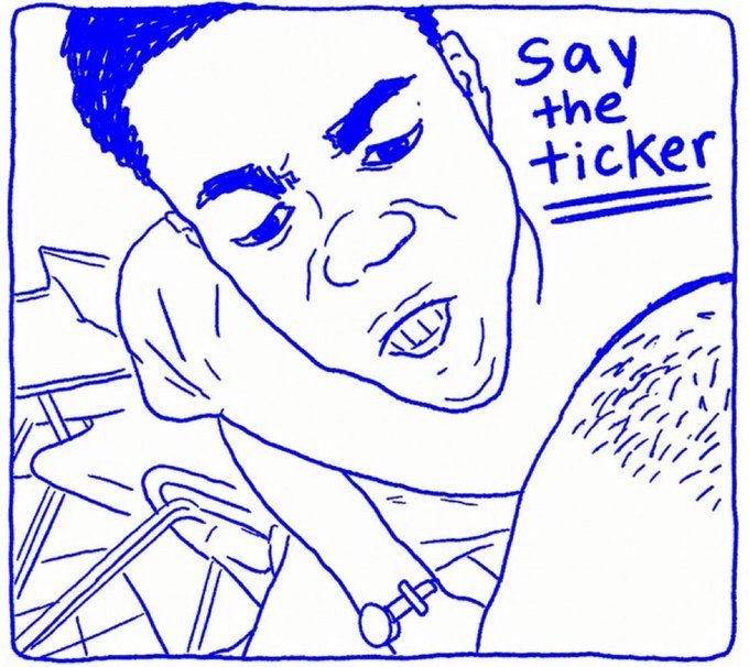 A blue and white line-art illustration of a frustrated man resting his head on his hand, accompanied by the handwritten text 'Say the ticker.'
