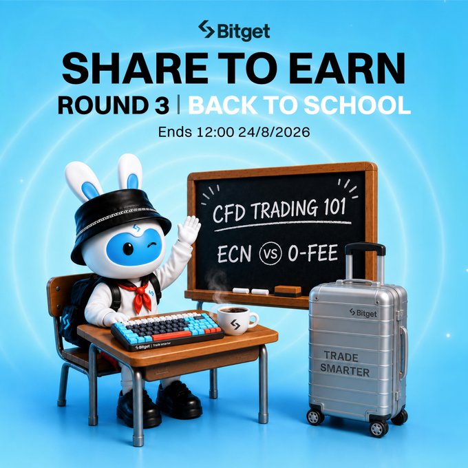 A Bitget promotional advertisement for "SHARE TO EARN ROUND 3 | BACK TO SCHOOL" ending 12:00 24/8/2026, featuring the Bitget bunny mascot as a student with a "CFD TRADING 101: ECN vs O-FEE" chalkboard.