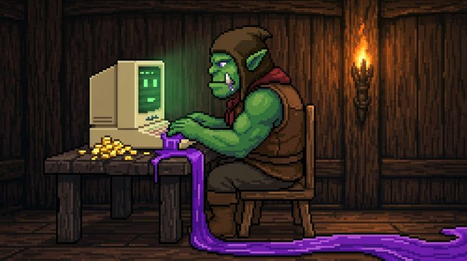 Pixel art depicting a green goblin-like character sitting at a wooden desk using a vintage CRT computer, with a pile of gold coins beside purple liquid flowing onto the floor.