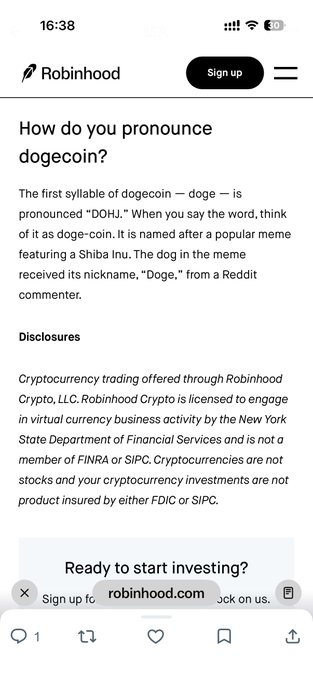 A mobile screenshot of a Robinhood webpage answering 'How do you pronounce dogecoin?' with the explanation that the first syllable 'doge' is pronounced 'DOHJ,' named after the popular Shiba Inu meme, followed by standard cryptocurrency trading disclosures.