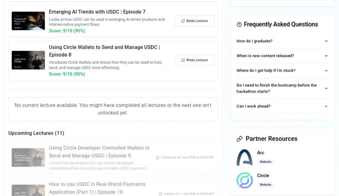 A screenshot of a learning platform showing completed lectures "Emerging AI Trends with USDC | Episode 7" and "Using Circle Wallets to Send and Manage USDC | Episode 8," both with scores of 9/10 (90%), along with an FAQ section and upcoming lectures including "Using Circle Developer Controlled Wallets" and "How to Use USDC in Real-World Payments Application." The post relates to the image by celebrating the completion of lecture 8 about Circle Wallets and USDC management with the matching 9/10 score displayed.