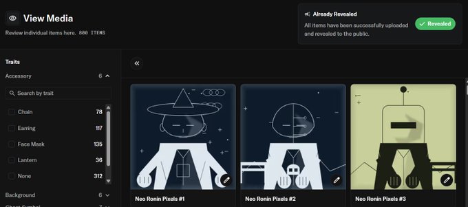 A digital interface titled 'View Media' displaying a 'Traits' sidebar with categories like Chain (78), Earring (117), and Face Mask (135), alongside three NFT characters labeled 'Neo Ronin Pixels #1', '#2', and '#3', with a notification reading 'Already Revealed'.