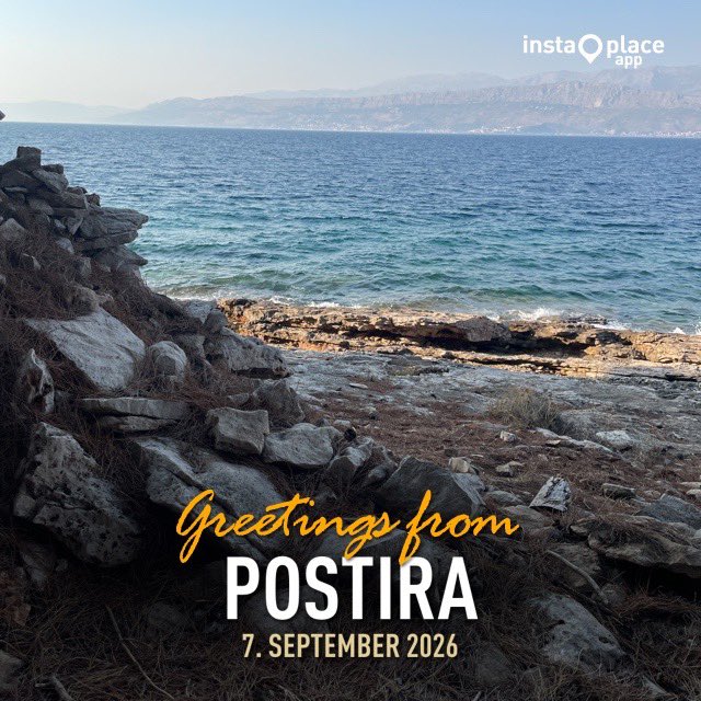 A scenic coastal view from Postira dated '7. SEPTEMBER 2026', showing rocky shores, blue sea, and distant mountains, edited with the 'instaPlace app' watermark.