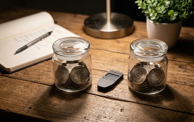 Two glass jars on a wooden table containing coins of different currencies separated by a forex comparison chart device, alongside a notebook and pen representing currency exchange.