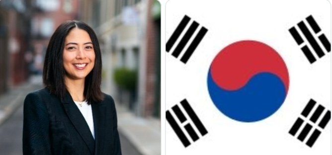 A side-by-side image showing a smiling woman in a dark blazer on the left, and the flag of South Korea on the right.