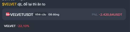 A financial ticker showing the token 'VELVET' with a price drop of -22.10% and a loss of -2,420.64 USDT.