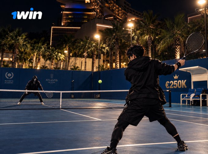 A 1win advertisement showing two figures dressed in black playing tennis on a blue court at night, with '1win' logo and '€250K' prize text visible.