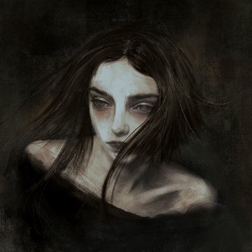 A haunting portrait of a pale, dark-haired girl with piercing, hollow eyes rendered in a moody, gothic style fits the auction theme perfectly. The melancholic, intense gaze matches the artwork's evocative title and the collector's bidding on XTZ.