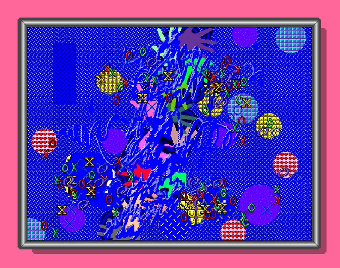 A chaotic, colorful digital artwork in a silver frame against a pink background, featuring a blue patterned backdrop and various abstract shapes, letters, and symbols.