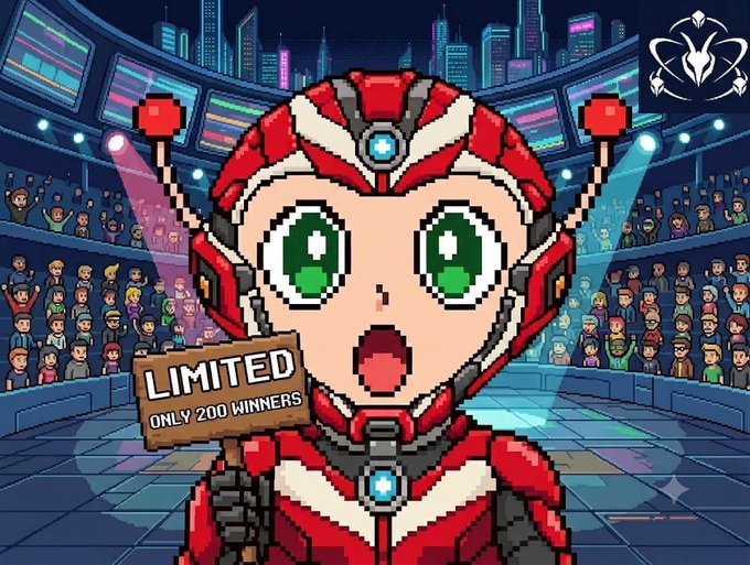 A pixel art style illustration of a cute robot/mecha character with large green eyes and red and white armor, holding a wooden sign reading 'LIMITED ONLY 200 WINNERS' in a stadium setting with an audience and city skyline background.