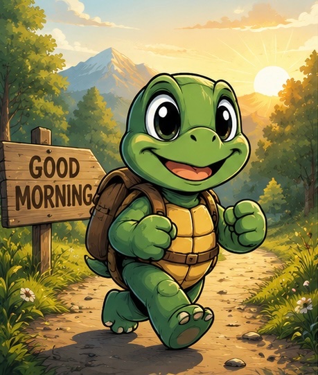 A cartoon illustration of a green turtle wearing a backpack, walking happily next to a 'GOOD MORNING' wooden sign in a scenic mountain landscape at sunrise.
