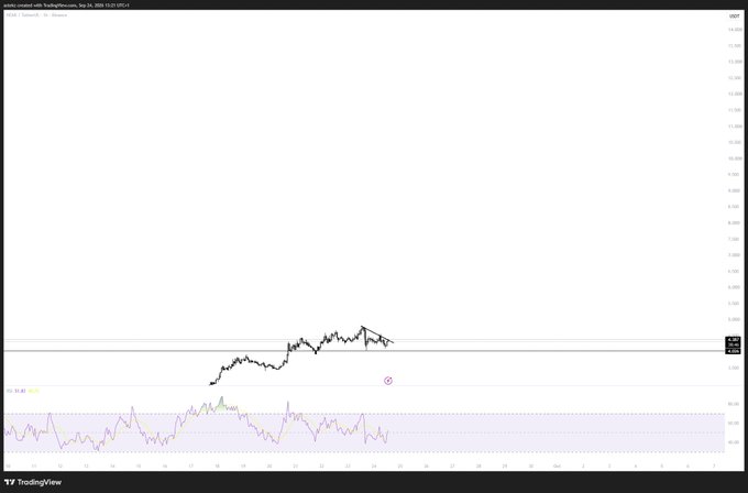 A TradingView chart for Cardano/TetherUS showing a candlestick price action with a descending trendline and an RSI indicator below.