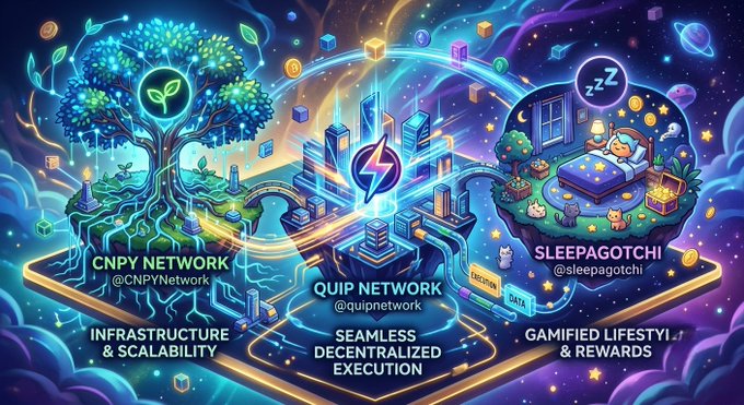 Colorful digital illustration showcasing three crypto projects: CNPY Network (infrastructure & scalability), QUIP Network (seamless decentralized execution), and Sleepagotchi (gamified lifestyle & rewards).