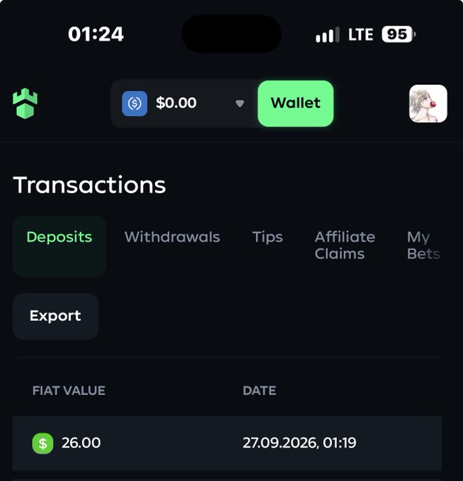 A mobile screenshot of a wallet app's Transactions page, filtered by Deposits, showing a single $26.00 fiat deposit dated 27.09.2026, 01:19, with a $0.00 balance displayed. The empty history combined with the post's request for a "solana address" humorously suggests the user wants tips sent directly to their wallet after presumably winning at blackjack.