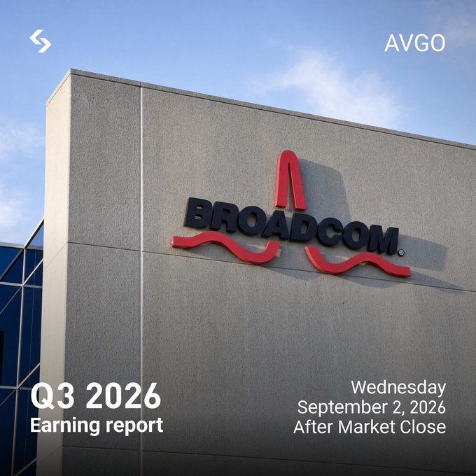 The image shows a Broadcom corporate building with the company's red logo on its facade, overlaid with text reading "Q3 2026 Earning Report," "Wednesday September 2, 2026," "After Market Close," and the ticker "AVGO." It serves as a visual announcement for Broadcom's upcoming earnings release, tying into the post's note that AVGO options are pricing in an 8–11% move following the report.