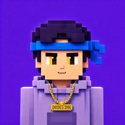 A 3D pixel-art style avatar of a young man with dark hair, a blue headband, wearing a purple hoodie and gold chain with a 'DUDES INK' pendant against a purple background.