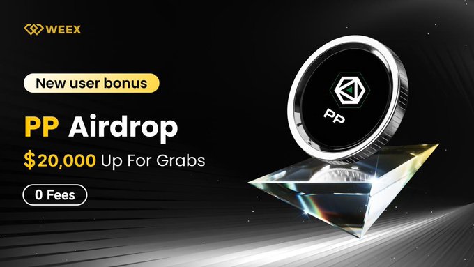 WEEX crypto exchange advertisement promoting a PP Airdrop with $20,000 up for grabs for new users, featuring 0 fees.