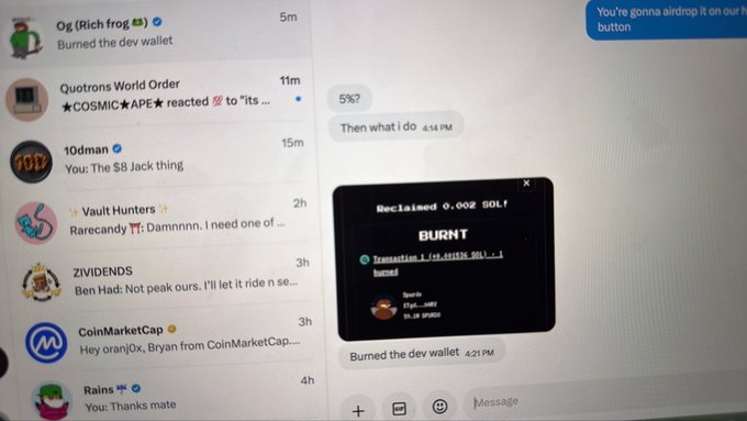 A Telegram chat screenshot shows messages from 'Og (Rich frog)' about 'Burned the dev wallet' along with reactions from other users, and an embedded image showing a crypto transaction burning $2,901.