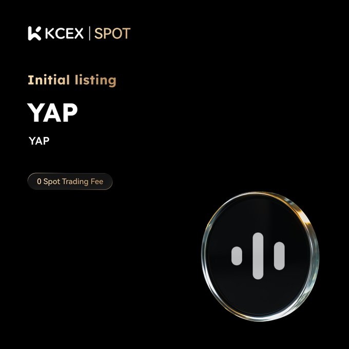 A promotional graphic for KCEX SPOT announcing the initial listing of the cryptocurrency YAP with a 0 Spot Trading Fee.