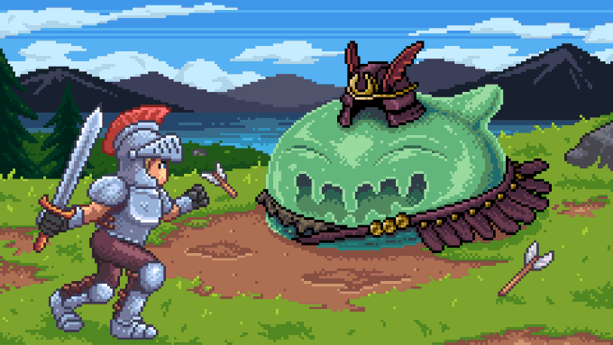 A pixel art scene depicts a knight in silver armor wielding a sword and dagger, facing a giant green slime monster wearing a saddle and armor, fitting the retro RPG theme of the "Fabled Chronicle" NFT giveaway. The landscape background features mountains, trees, and scattered arrows on a grassy battlefield.