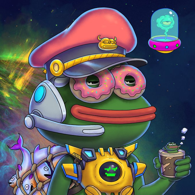 The image features a cartoon frog wearing a hat and holding a cup filled with coffee while standing against a backdrop of stars and planets. The frog appears to be in a space-themed setting, which adds an element of fantasy and adventure to the scene. The caption above the image reads "GM y’all A new day, a new opportunity to run it back. One project I’mespecially bullish on right now is @PepeExplorers with mint going live tomorrow." This suggests that there might be a space-themed event or promotion related to the cartoon frog and its adventures in the image.