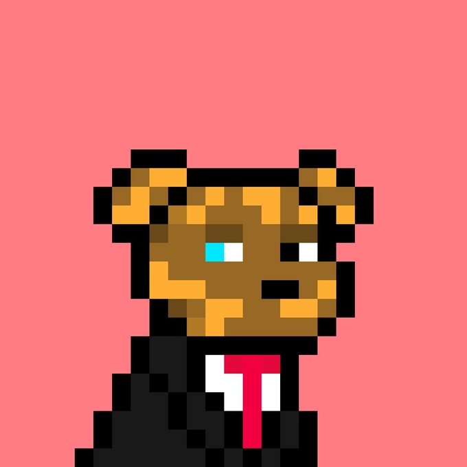 Pixel art image of a dog-like character in a suit and tie against a pink background.