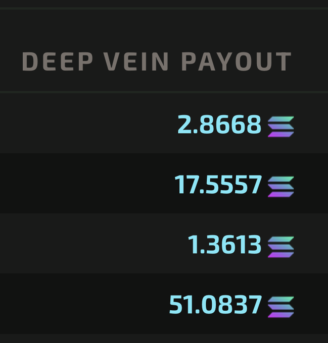 The image displays a "Deep Vein Payout" summary on a dark background, listing four crypto payouts: 2.8668, 17.5557, 1.3613, and 51.0837 SOL (indicated by the Solana logo), which together total approximately 72.87 SOL—aligning with the post's claim that the Jade Protocol's Deep Vein pot is around 7.2 SOL (likely representing a current portion of the growing payouts stakers receive).