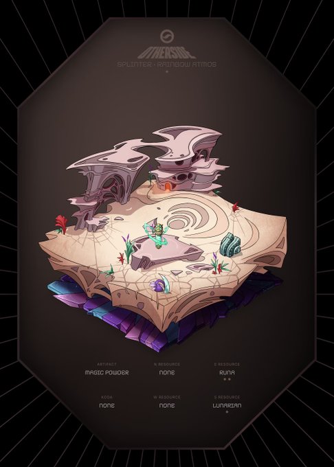 A fantasy video game map of 'Splinter - Rainbow Ritins' showing an island terrain with rock formations, coral, and a treasure chest, displayed with resource listings including 'Magic Powder' and 'Runa'.