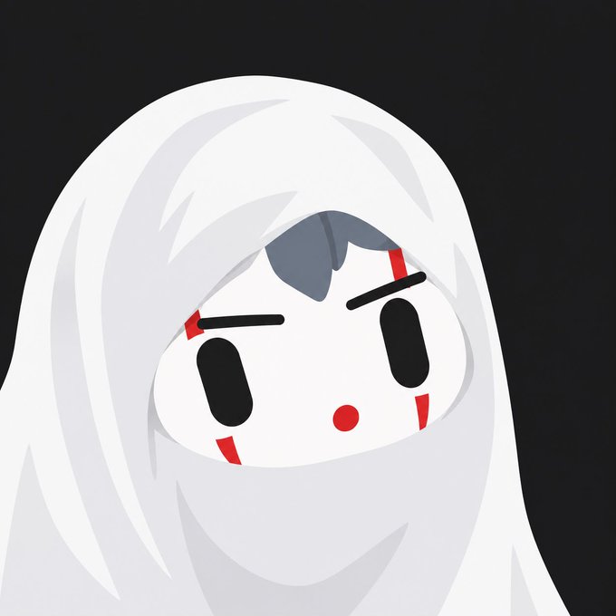 A cute, simple digital illustration of a white character wearing a white hood, featuring minimalist black eyes, red blush marks, and a small red mouth.