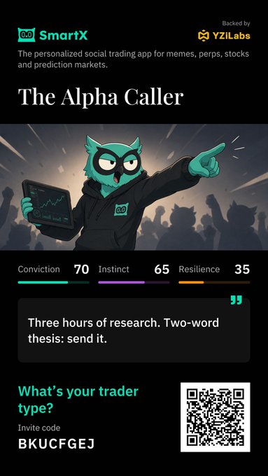 Promotional graphic for SmartX, a social trading app backed by YZi Labs, featuring a cartoon teal owl character pointing with stats 'Conviction 70, Instinct 65, Resilience 35' and a quote 'Three hours of research. Two-word thesis: send it.' alongside the invite code 'BKUCFGEJ'.
